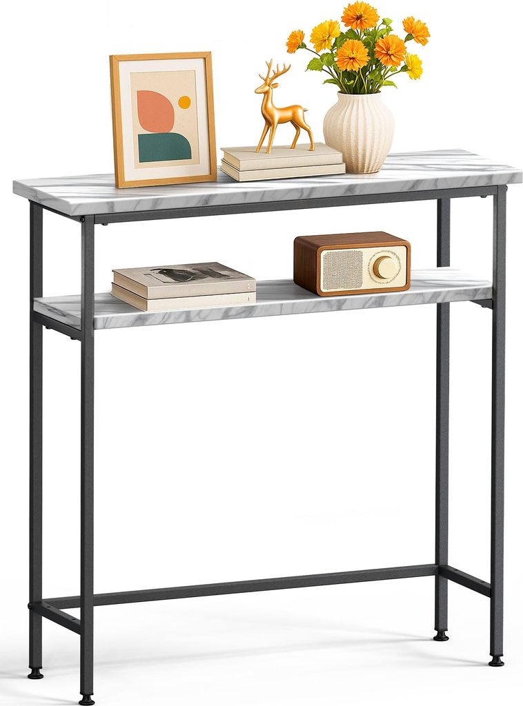 VOUNOT Schmaler Konsolentisch mit 2 Ablagen, Flurtisch aus Metall und MDF, Industrie-design 75×24×75 cm, Weiß