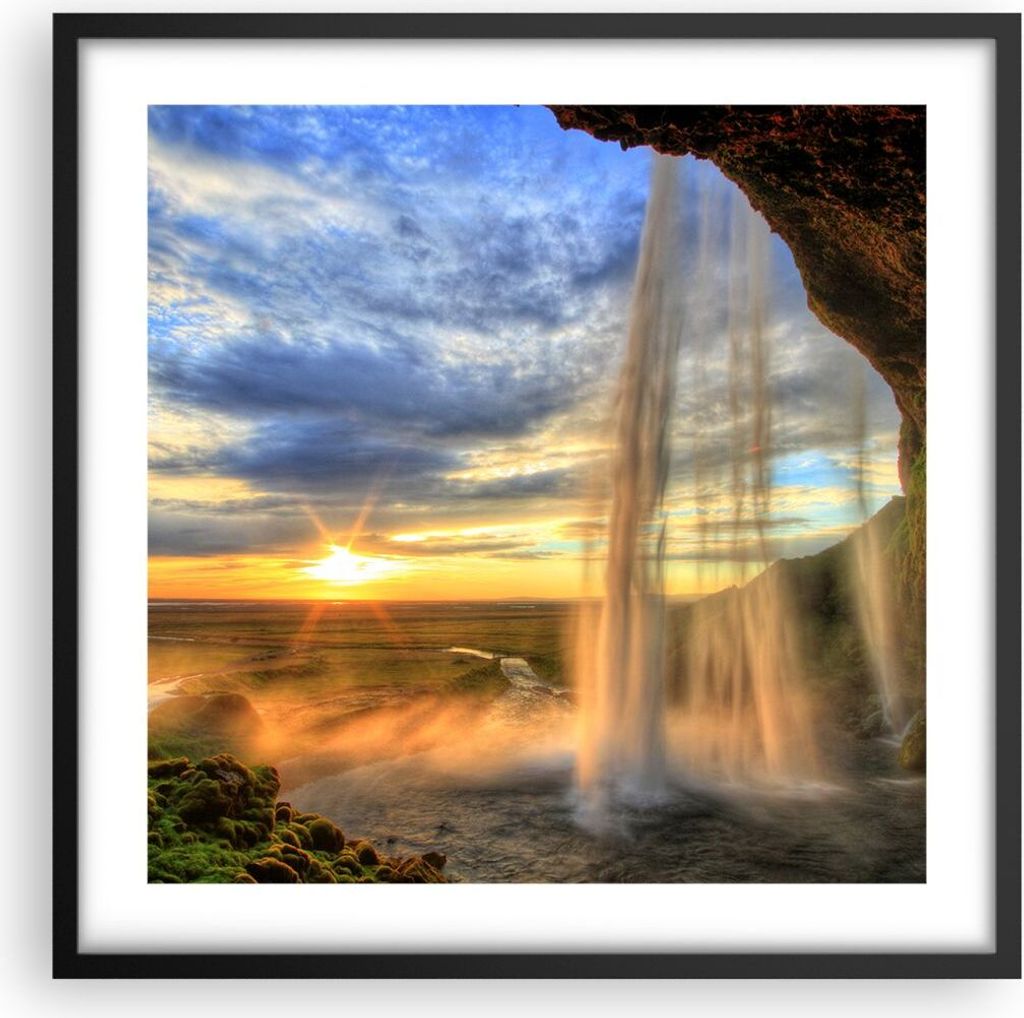 Gerahmtes Poster - Schwarzer Rahmen - Wasserfall Natur Park Sonne - 50x50 cm - Wand Bild - Wanddeko - Wandbilder - Wandposter - Bilderrahmen - Bild...