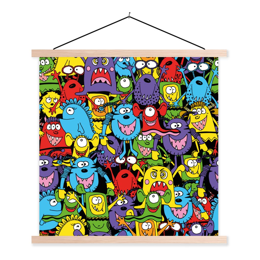 MuchoWow Textilposter Muster - Monster - Lustig - Abstrakt - Mädchen - Jungen 60x60 cm mit holzfarbenen Rahmen - Wanddekoration