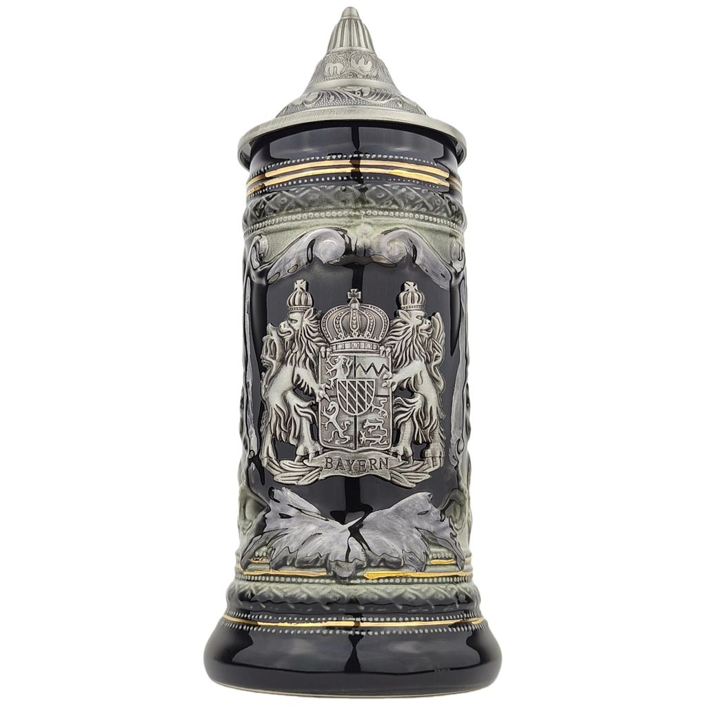 Bierkrug mit Deckel 0,7L – Bayern Motiv Steinkrug mit Metallwappen – Geschenkidee für Männer & Bierliebhaber (Schwarz/Braun)