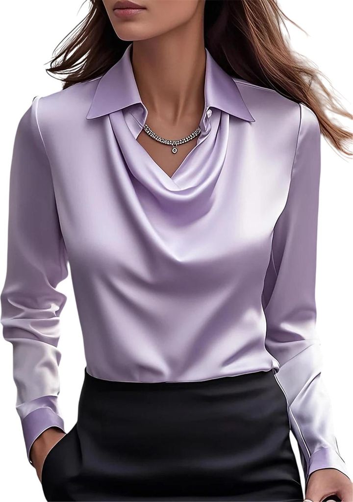 ASKSA Damen Satin Bluse Wasserfallkragen Elegante Oberteile Langarm Seide Hemdbluse Arbeitshemd Business Langarmshirt (Violett,XXL)