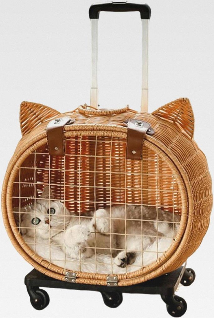 Katzenwagen, Rattan Hundewagen Katzenbox Mit Rädern, Atmungsaktive Haustiertasche Mit Teleskopgriff Für Camping Einkaufen Picknick Outdoor Kätzc...