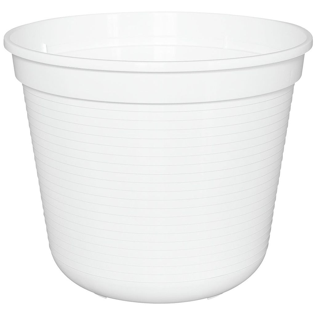 A white plastic plant pot with horizontal ridges.