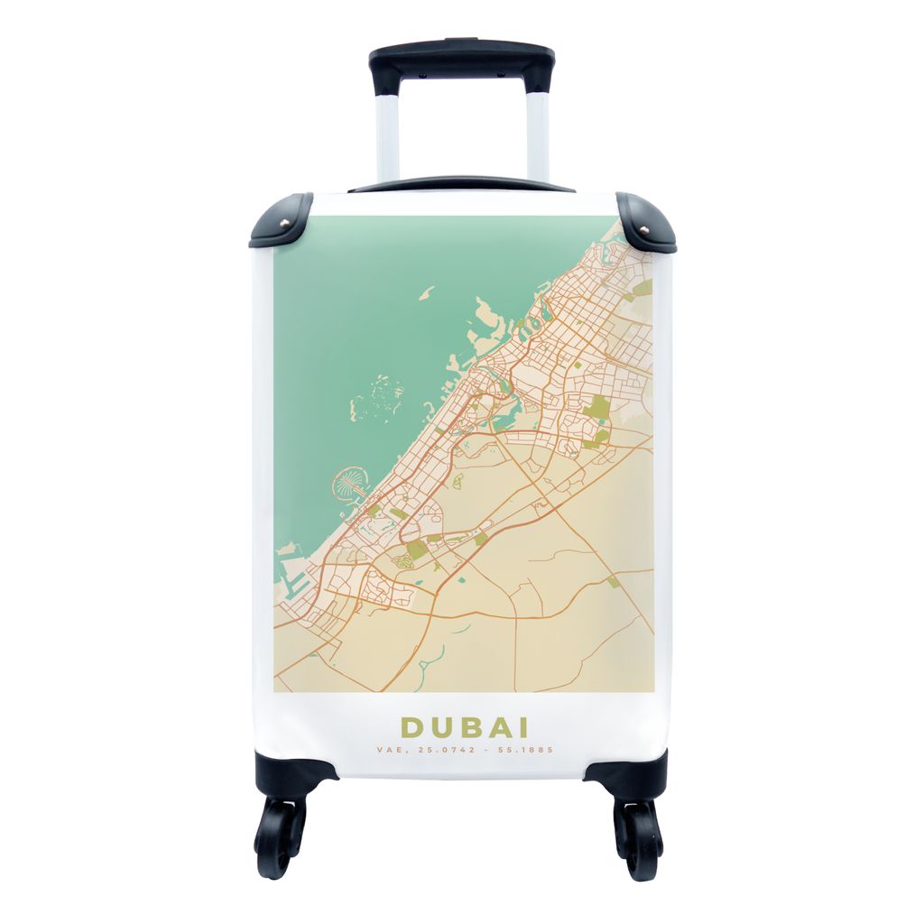 MuchoWow Koffer Handgepäck Trolley Rollkoffer Kleine Reisekoffer mit 4 Rollen - Dubai - Stadtplan - Vintage - Karte - Cabin Size < 55x40x23 cm &...