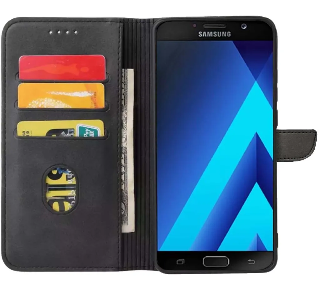 Adatto a Samsung Galaxy A8 2018 Custodia per telefono in ecopelle con labbro magnetico e porta carte a libro con patta - Nero - Smartphonics