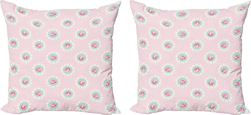 ABAKUHAUS Shabby Flora Kissenbezug Set (2Stück), Retro Stil Polka Dots Tupfen Blumenmotive Rosen Rustik Blüten, 40 x 40 cm, Seafoam Weiß Rosa