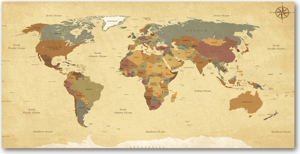 Tulup Leinwandbild - 120x60 cm - Wandkunst - Drucke auf Leinwand - Leinwanddruck - Landkarten & Flaggen - Beige - Politische Karte