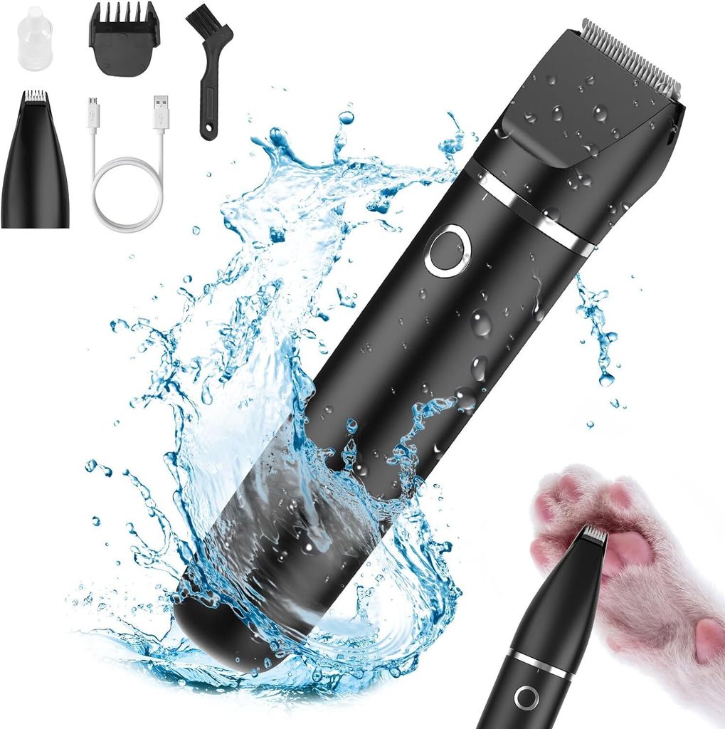 Hundeschermaschine, 2-in-1 Profi Tierhaarschneider, Pfotentrimmer mit LCD Anzeige, Hund Katze Haarschneider Ultra leise, IPX7 Wasserdicht, Schwarz