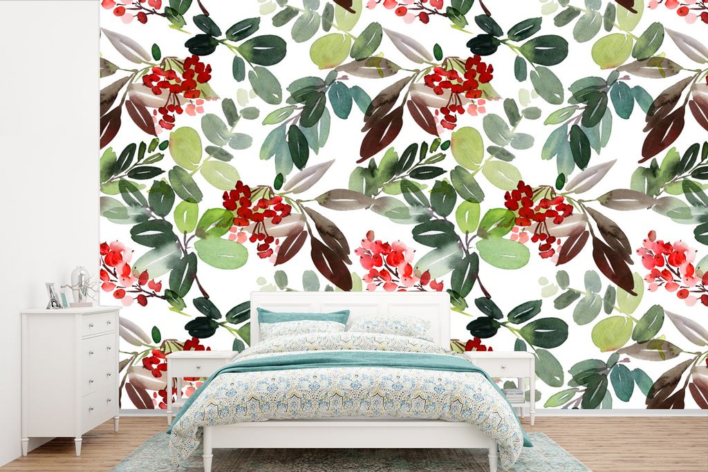 MuchoWow Fototapete für Wohnzimmer oder Schlafzimmer Wandtapete Vinyl Motivtapete Beeren - Weihnachten - Aquarell - 600x400 cm - Vinyltapeten