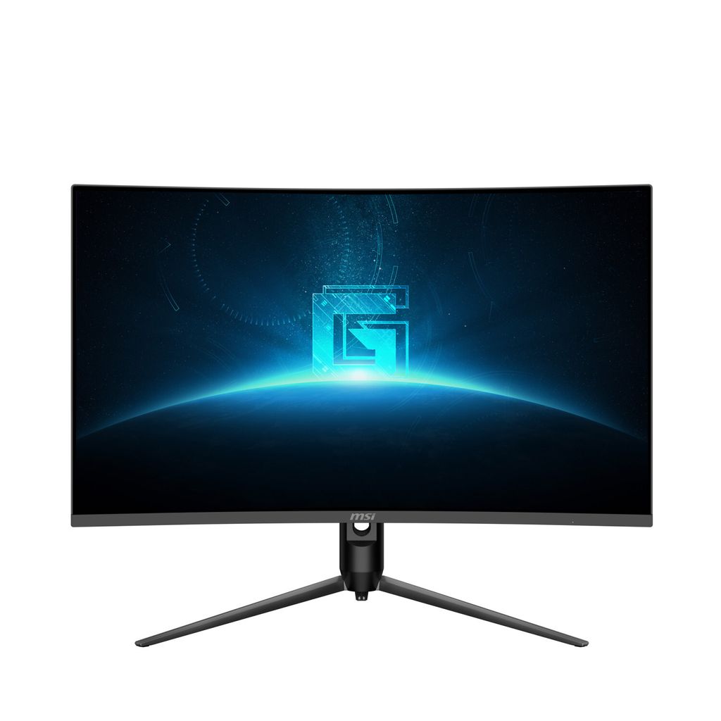 A curved gaming monitor on a stand, displaying a futuristic blue logo.