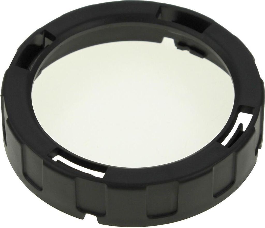 A close-up studio shot of a black plastic ring with a clear glass or plastic insert, likely a component of a blender or juicer.