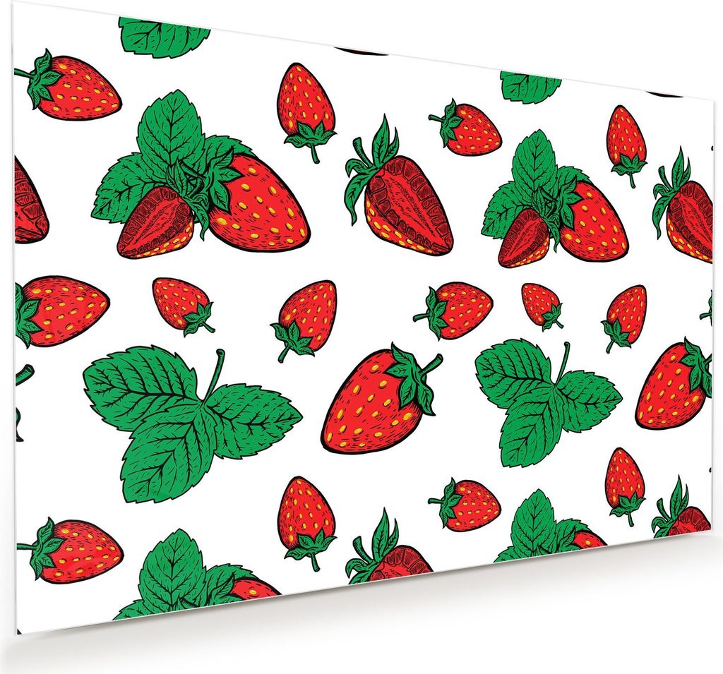 Glasbild Wandbild Erdbeeren und Blätter 60x40cm in XXL für Wohnzimmer, Schlafzimmer, Badezimmer, Flur