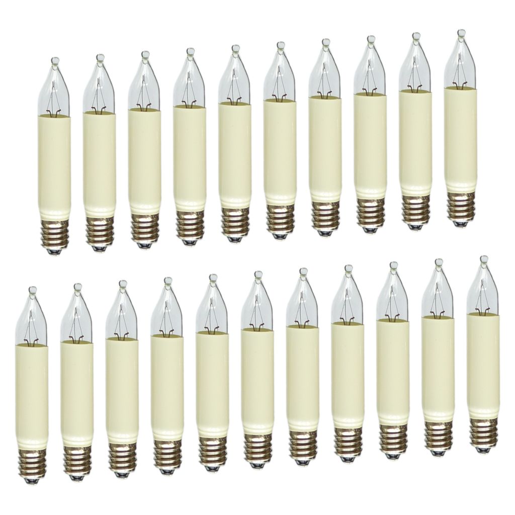 A collection of small candle-shaped light bulbs arranged in two rows against a white background.
