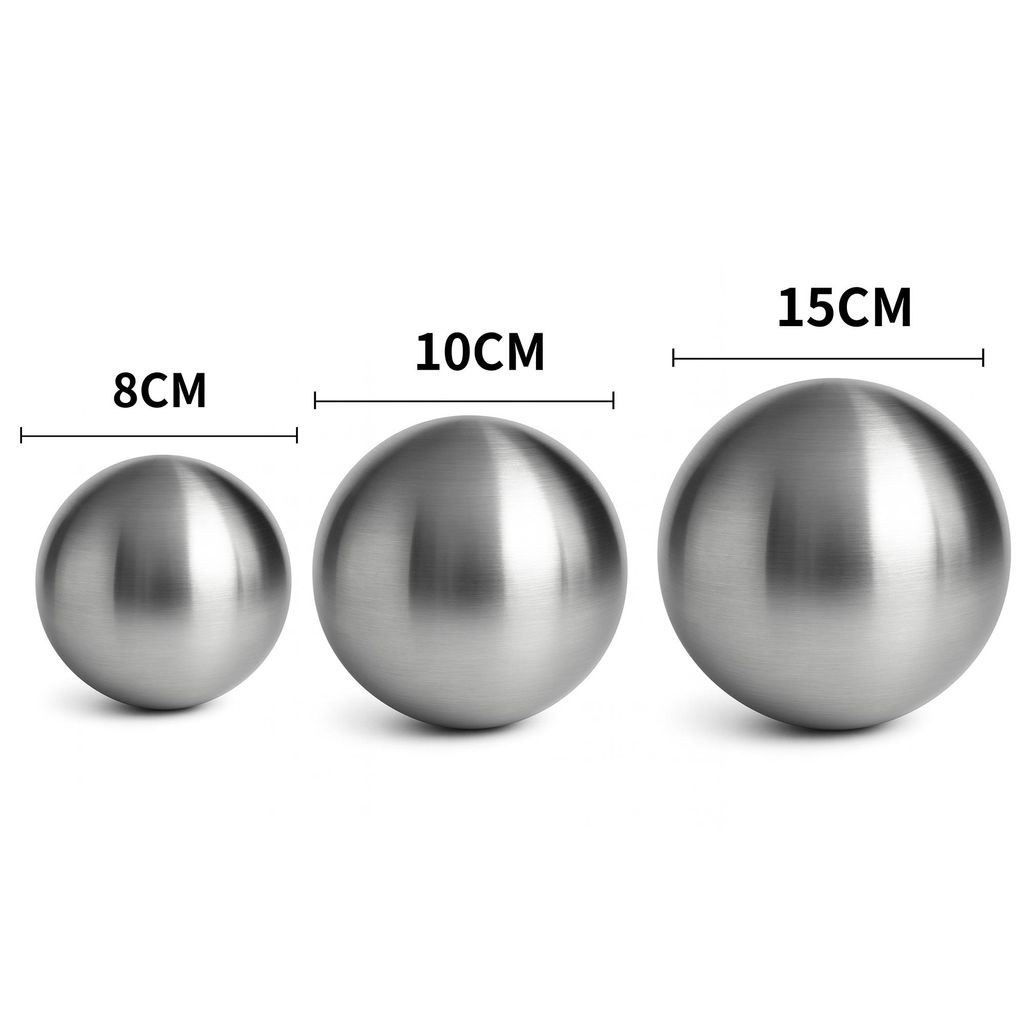 Three stainless steel spheres of different sizes are displayed side-by-side, with measurements indicated above each.