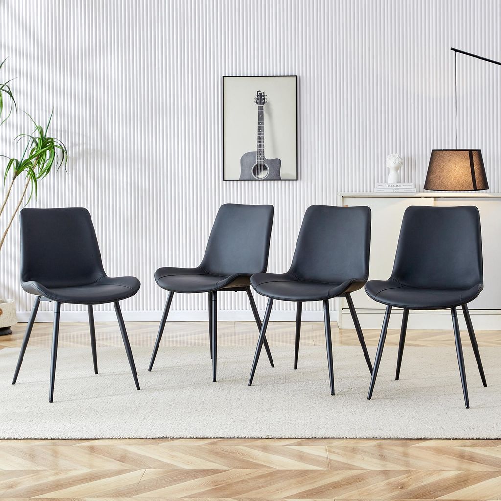 4-teiliges Set moderne Esstischstühle in Schwarz mit PolyurethanBezug und Metallgestell - Breite Sitzflächen mit Rückenlehne, ideal für Esszimm...