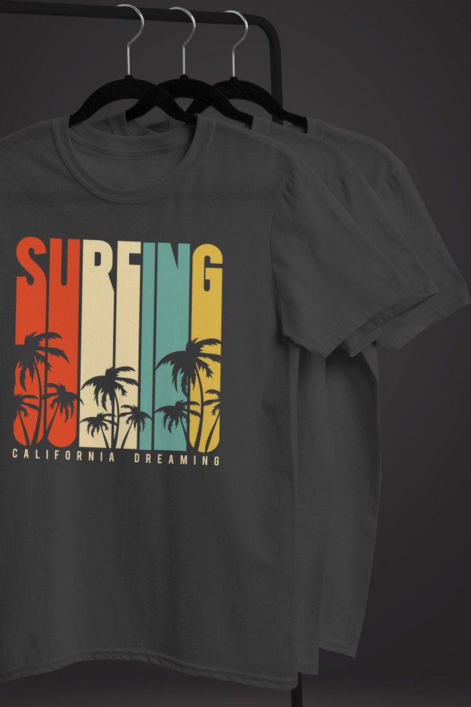 Herren T-Shirt Surfing Surfer Style Schriftzug California Dreams Palmen Print Sommer Fashion Streetstyle Neverless anthrazit L