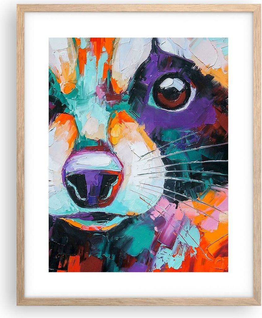 Gerahmtes Poster - Rahmen in heller Eiche - Waschbär Bunt Öl - 40x50 cm - Wand Bild - Wanddeko - Wandbilder - Kunstposter - Wandposter - Bilderra...