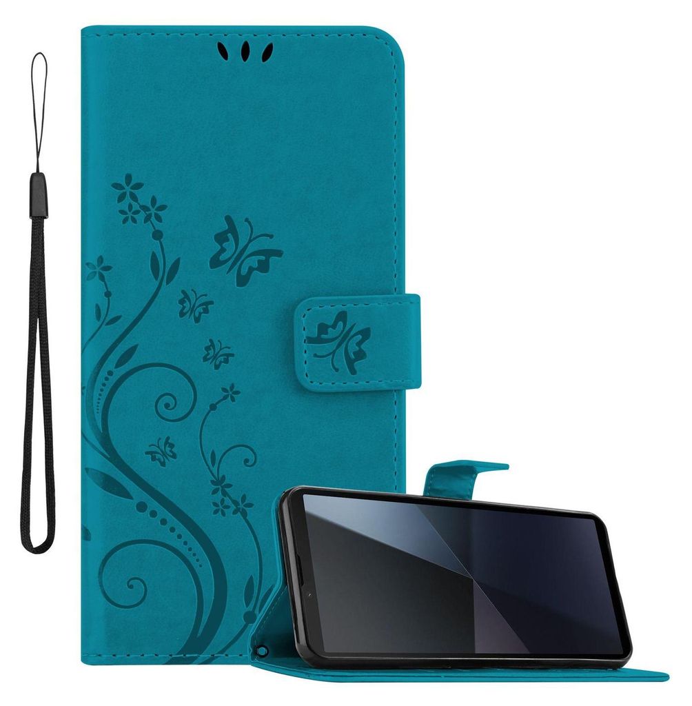 Cadorabo Hülle für Sony Xperia 10 VI Hülle in FLORAL BLAU Schutzhülle im Blumen Design mit Magnetverschluss, Standfunktion und Kartenfächern B...