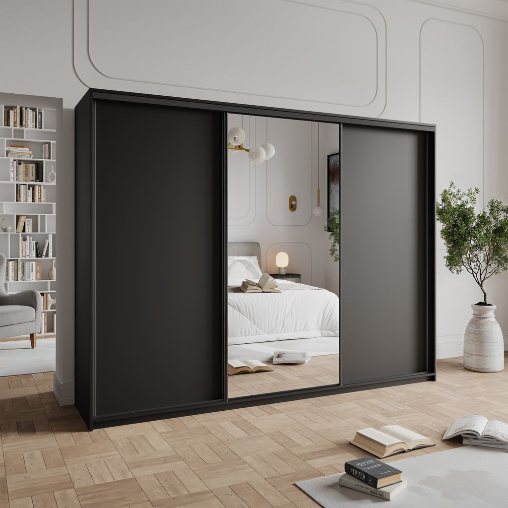 Masseno Schiebetürenschrank TAVI 270/205/60 cm Kleiderschrank mit Schubladen Schlafzimmer Schrank 3-türig mit Spiegel Schwarz + Schwarz