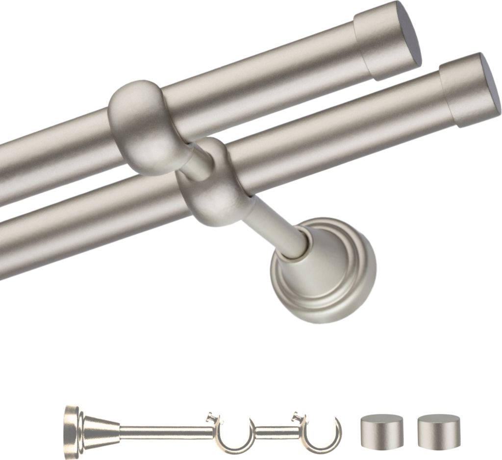 A double curtain rod with mounting hardware shown against a white background.