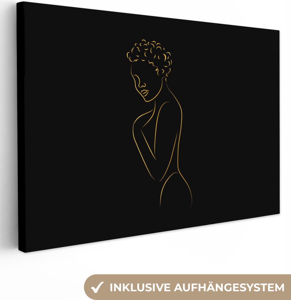 OneMillionCanvasses - Leinwandbilder - 150x100 cm, Frau - Schwarz - Gold - Strichzeichnung, Wandbilder Kunstdruck Wanddekoration
