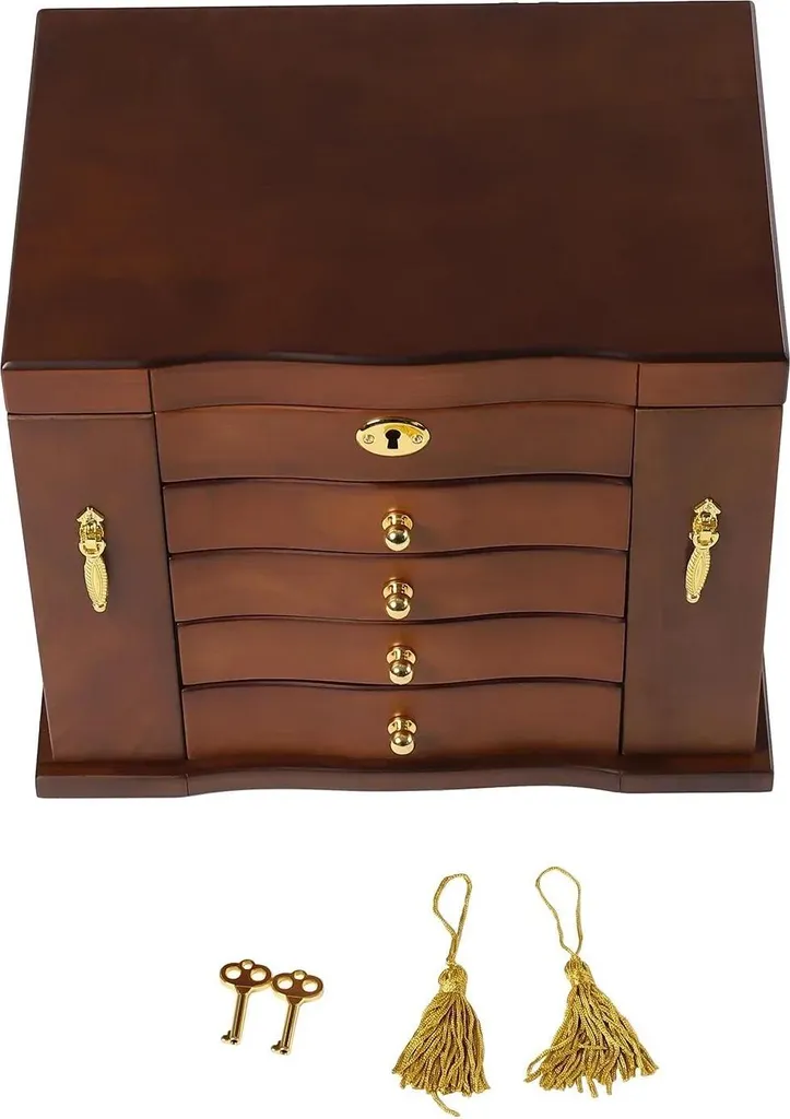 Boîte à bijoux bois vintage à 5 niveaux grand format avec serrure