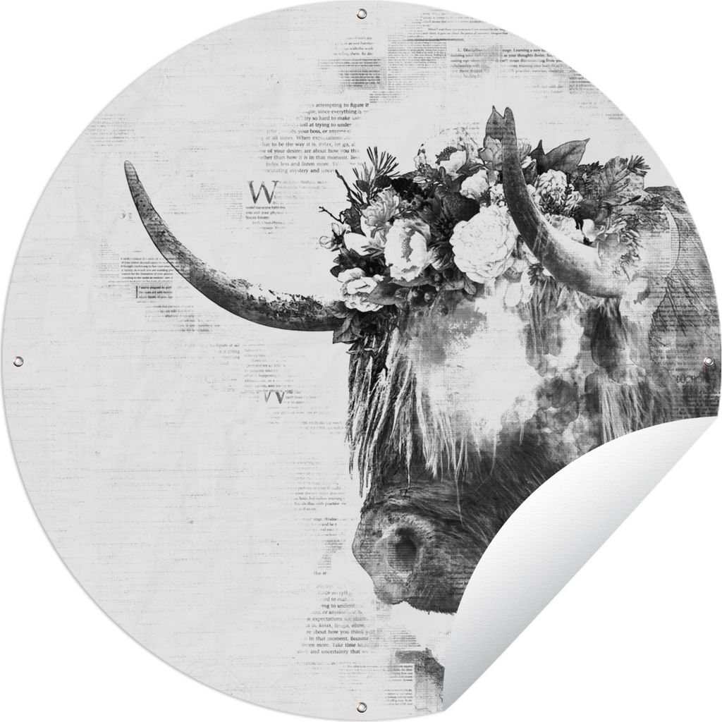 MuchoWow Gartenposter Outdoor-Poster Rund Schottischer Highlander - Abstrakt - Schwarz - Weiß Ø 150 cm Gartendeko Rundes Poster draußen