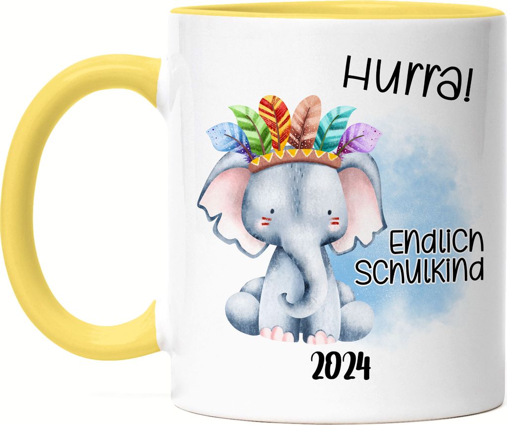 Endlich Schulkind 2024 Elefant Tasse Gelb Erstklässler Einschulung Tochter Neffe Nichte Schulanfang Schuleinführung