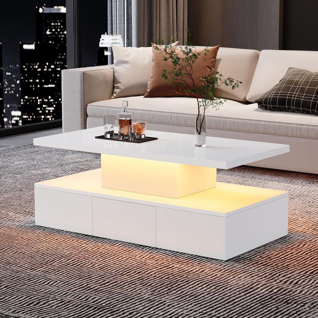 okwish Hochglanz-Couchtisch Zweistufiger Sofatisch mit offenem Ausstellungsregal und 1 Schiebeschubladen,Wohnzimmertisch mit 16-farbigem LED-Licht ...