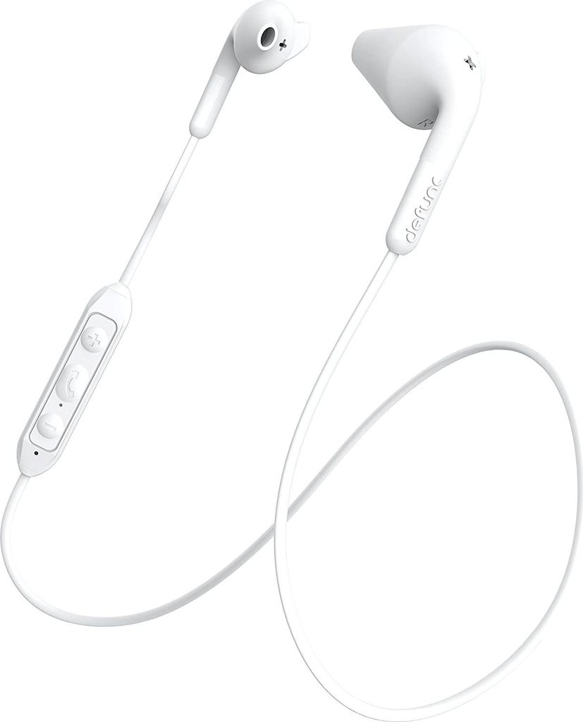 A pair of white DeFunc BT Earbud Plus Hybrid earphones are shown against a white background.