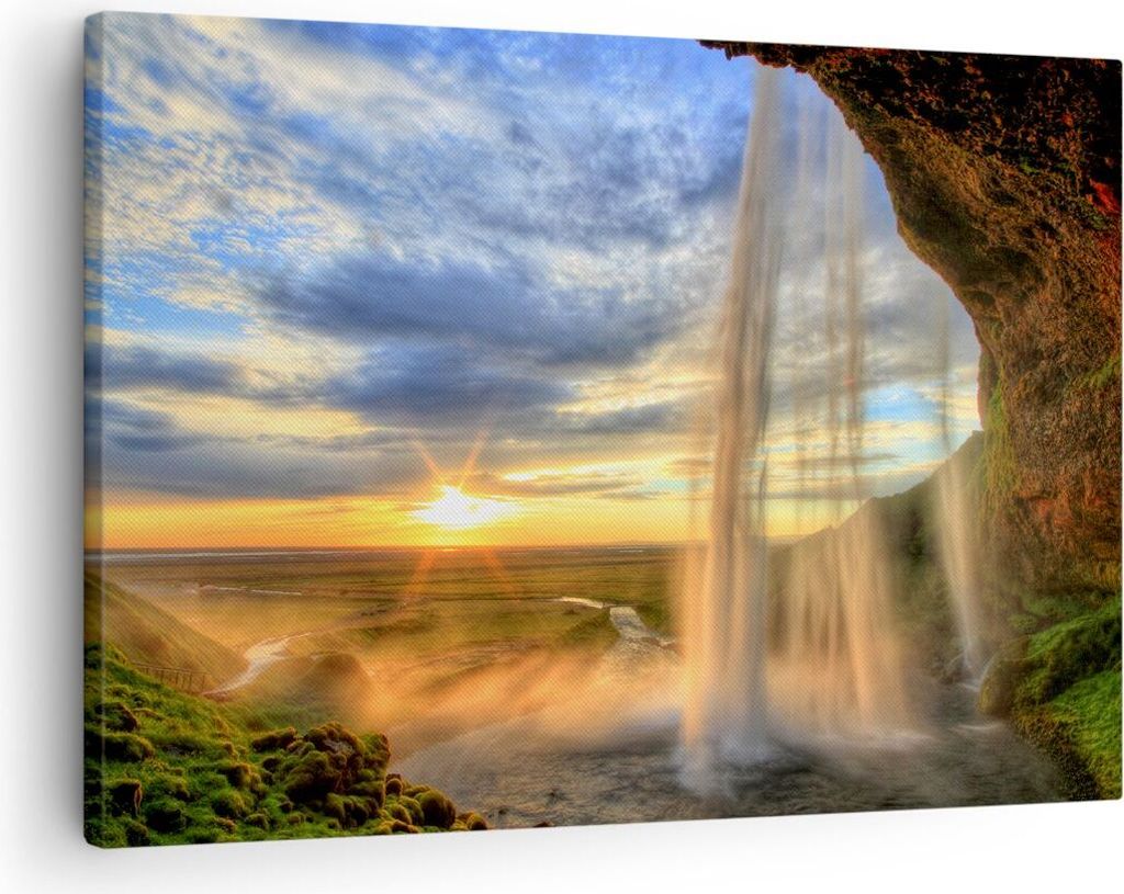Bild auf Leinwand - Leinwandbild - Wasserfall Natur Park Sonne - 70x50cm - Wand Bild - Wanddeko - Leinwanddruck - Bilder - Kunstdruck - Wanddekorat...