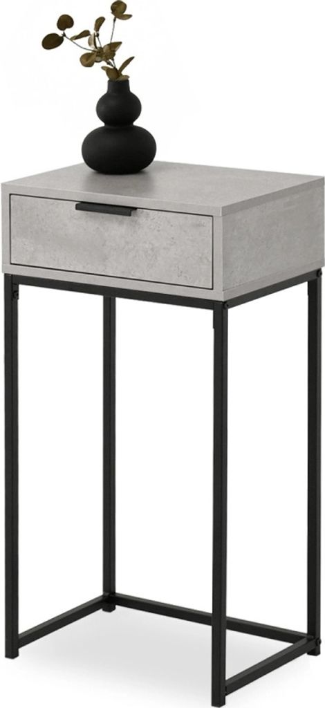A narrow console table with a drawer and a black metal frame, topped with a black vase and a small plant.