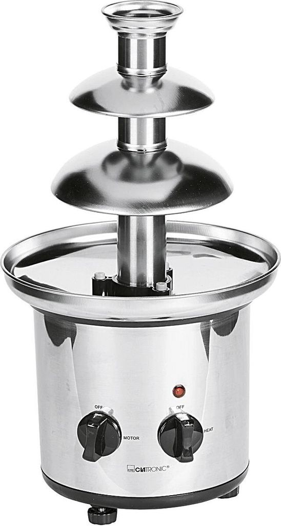 A close-up, studio shot of a stainless steel chocolate fountain.