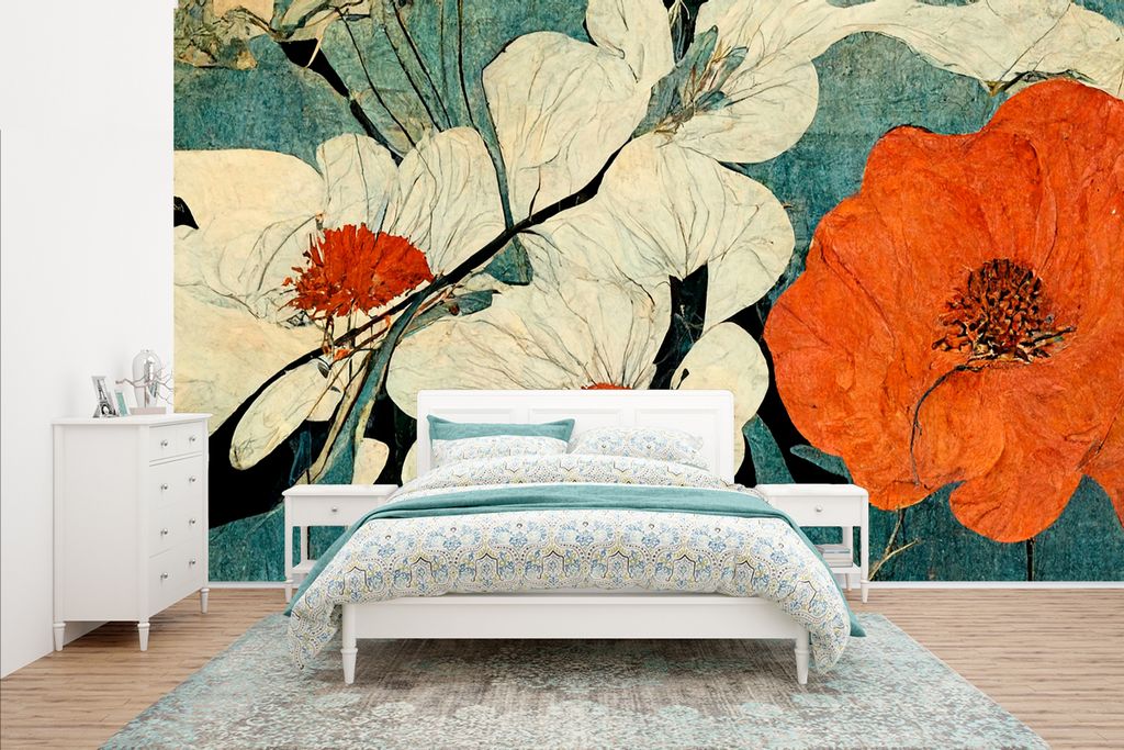 MuchoWow Fototapete für Wohnzimmer oder Schlafzimmer Wandtapete Vinyl Motivtapete Blumen - Pflanzen - Vintage - Asien - Orange - 435x260 cm - Ki...