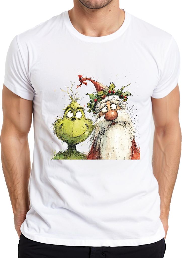 Grinch Weihnachtsmann frech Weihnachtsspaß Aquarell Cartoon Herren T-Shirt, Weiß, XL