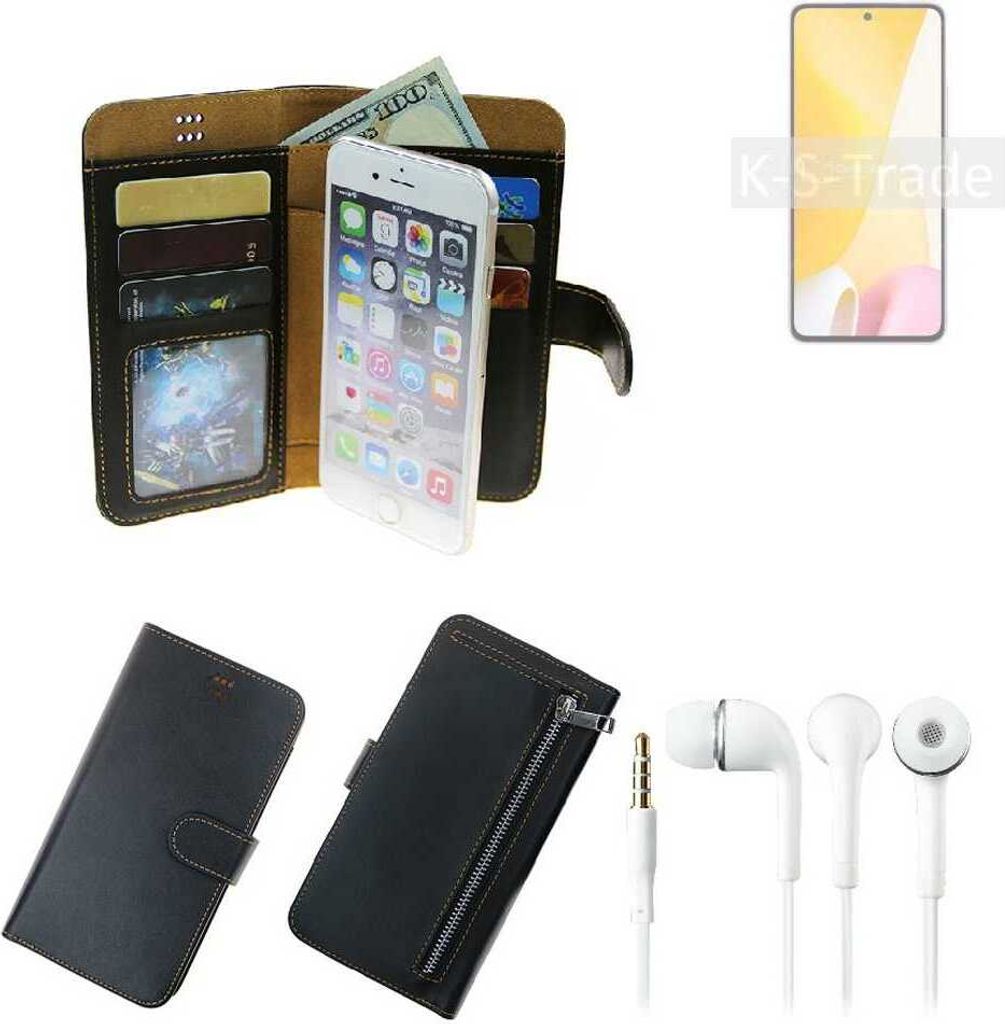 TOP SET Handy Hülle Schutz Hülle kompatibel mit Xiaomi 12 Lite schwarz aus Kunstleder + Kopfhörer Smartphone Tasche vollwertige Geldbörse