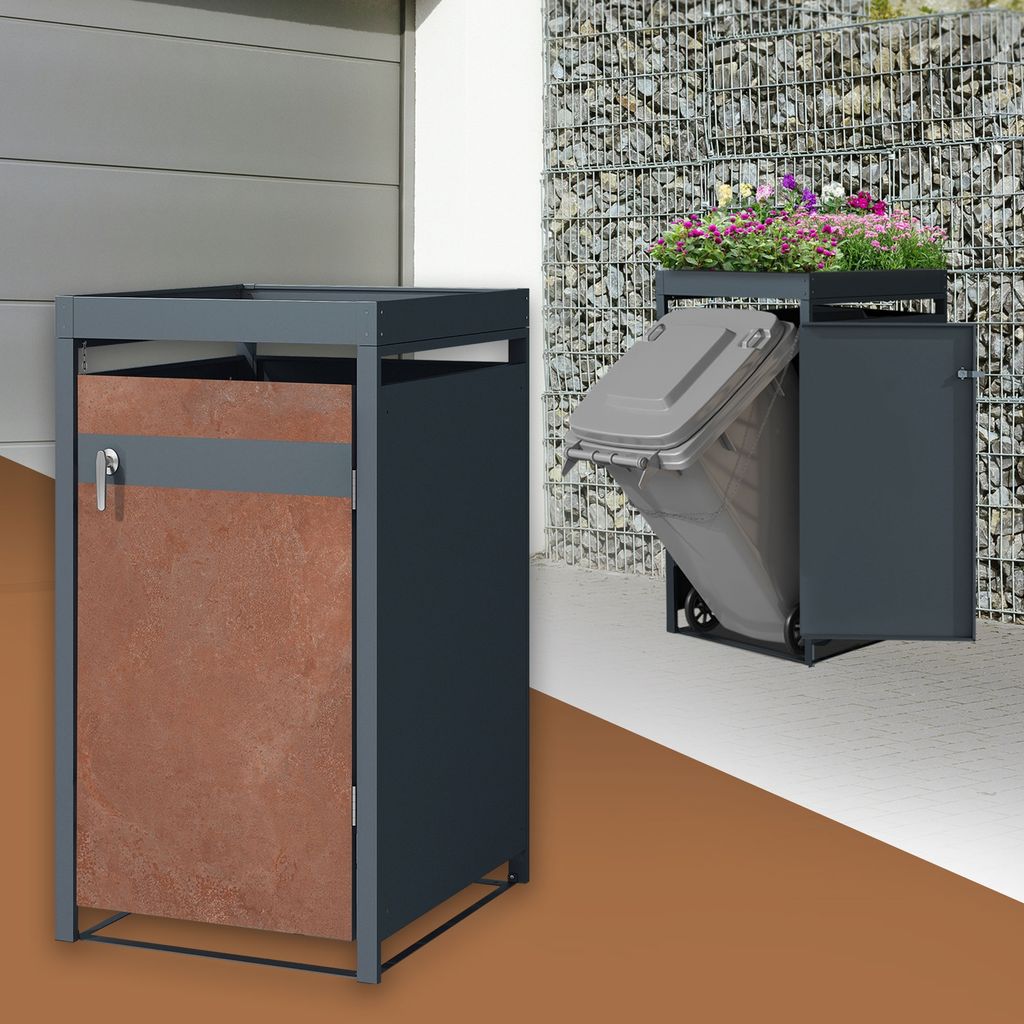 ML-Design Mülltonnenbox 1er mit Pflanzdach für 1 Mülltonne 240L 68x80x124 cm, Rost-Optik, Stahl, wetterfest/abschließbar