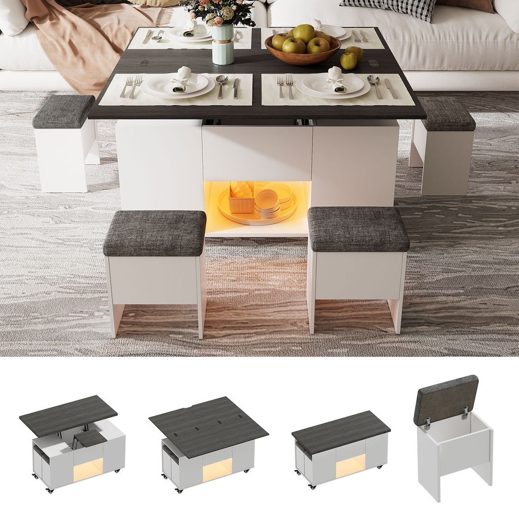 Couchtisch mit 4 Hockern& LED,  Verwandlungs Esstisch, Produktbild 