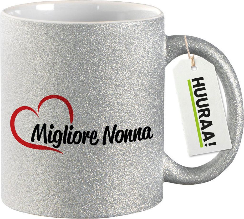 Huuraa Glitzertasse Migliore Nonna Cuore 330ml Silber Keramik Kaffeebecher Geschenkidee