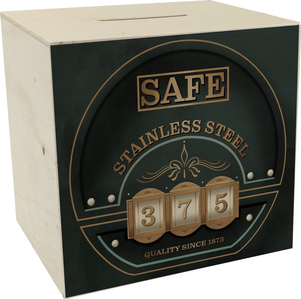 Retro Safe Spardose aus Holz in Tresor Optik
