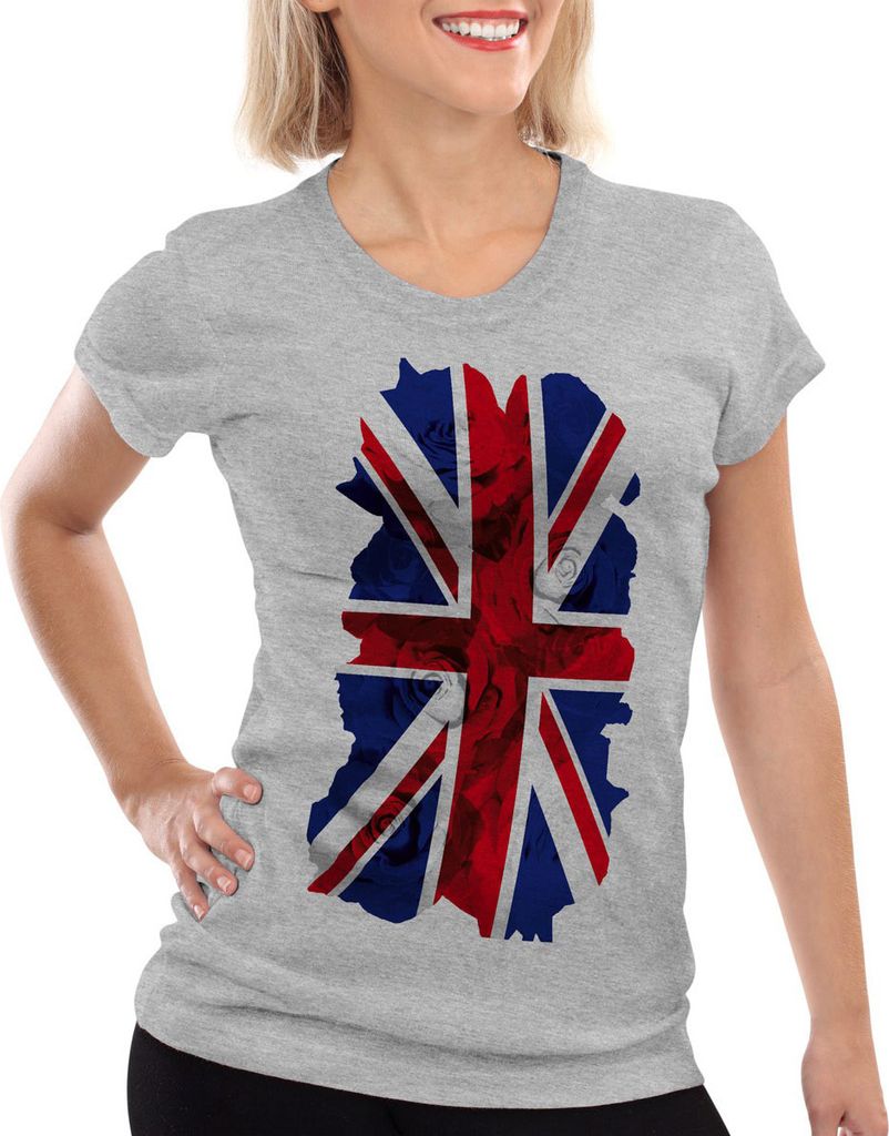 style3 GB Jack Union Rosen T-Shirt Damen großbritannien england london flagge, Farbe:Grau meliert, Größe:XL