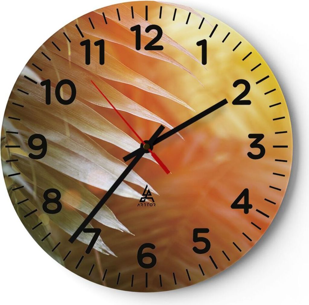 Wanduhr - Rund - Glasuhr - Exotisch Blätter Dämmerung - 30x30cm - Schleichendes Uhrwerk - Lautlos - zum Aufhängen bereit - Dekoration Modern - W...