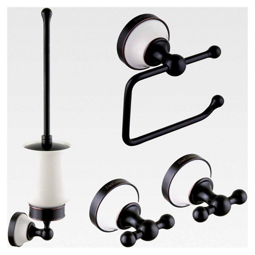 Schwarzes Badzubehör Set im Retro-Stil mit Haken, WC-Bürste und WC-Papierhalter