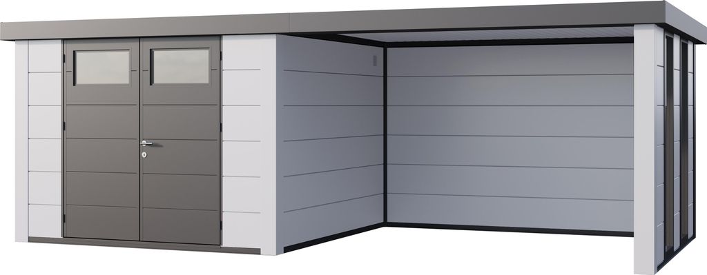 Telluria Metallgerätehaus Classico 3030 mit Lounge Anbau inkl. 2 Fenstern weiß/weiß Lounge-Anbau rechts