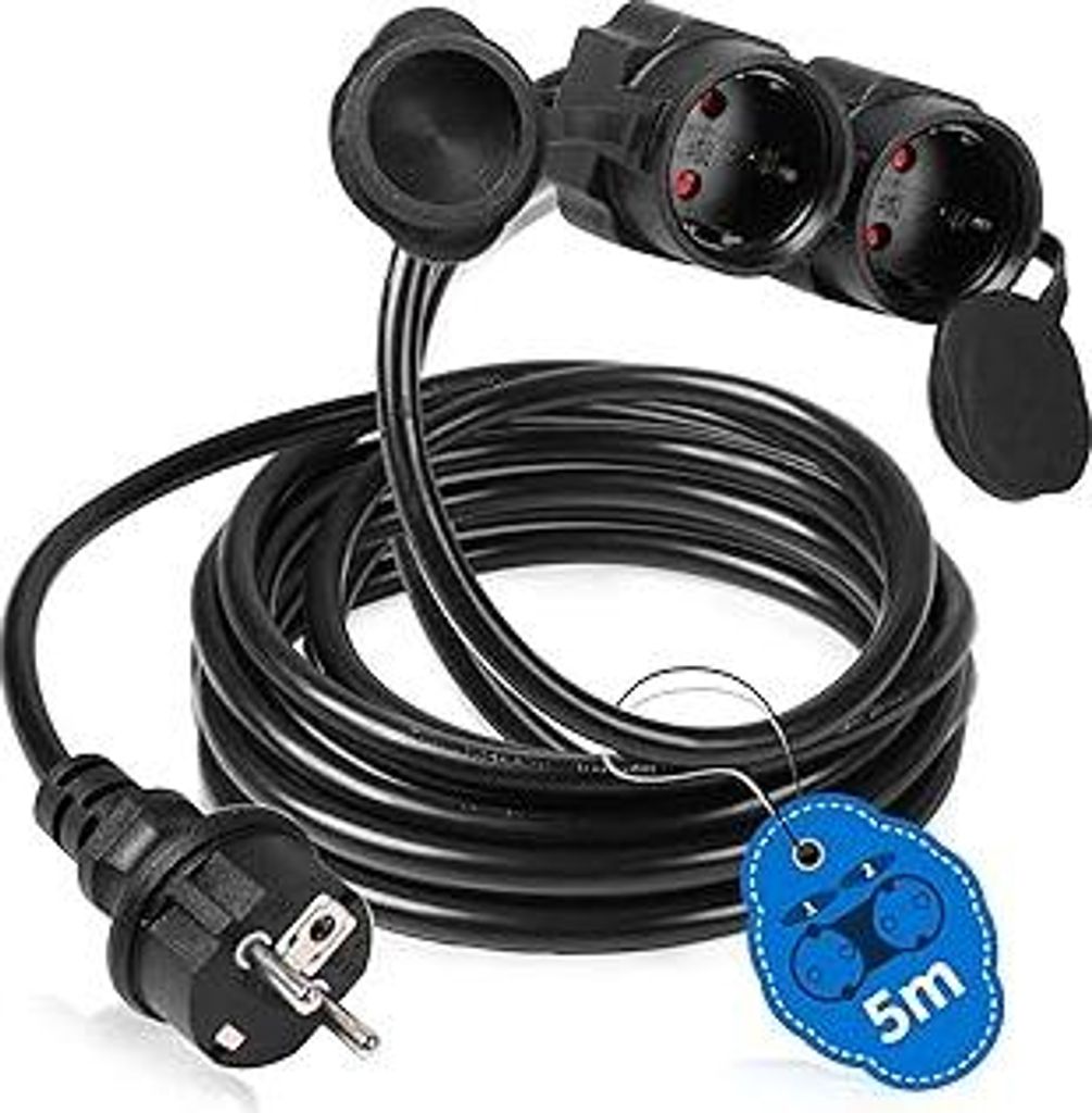 Verlängerungskabel Outdoor 5M 3500W Doppelstecker Außen mit Schutzkontaktstecker und Kupplung Schutzkappe Doppelsteckdose Stromkabel Außenbereic...