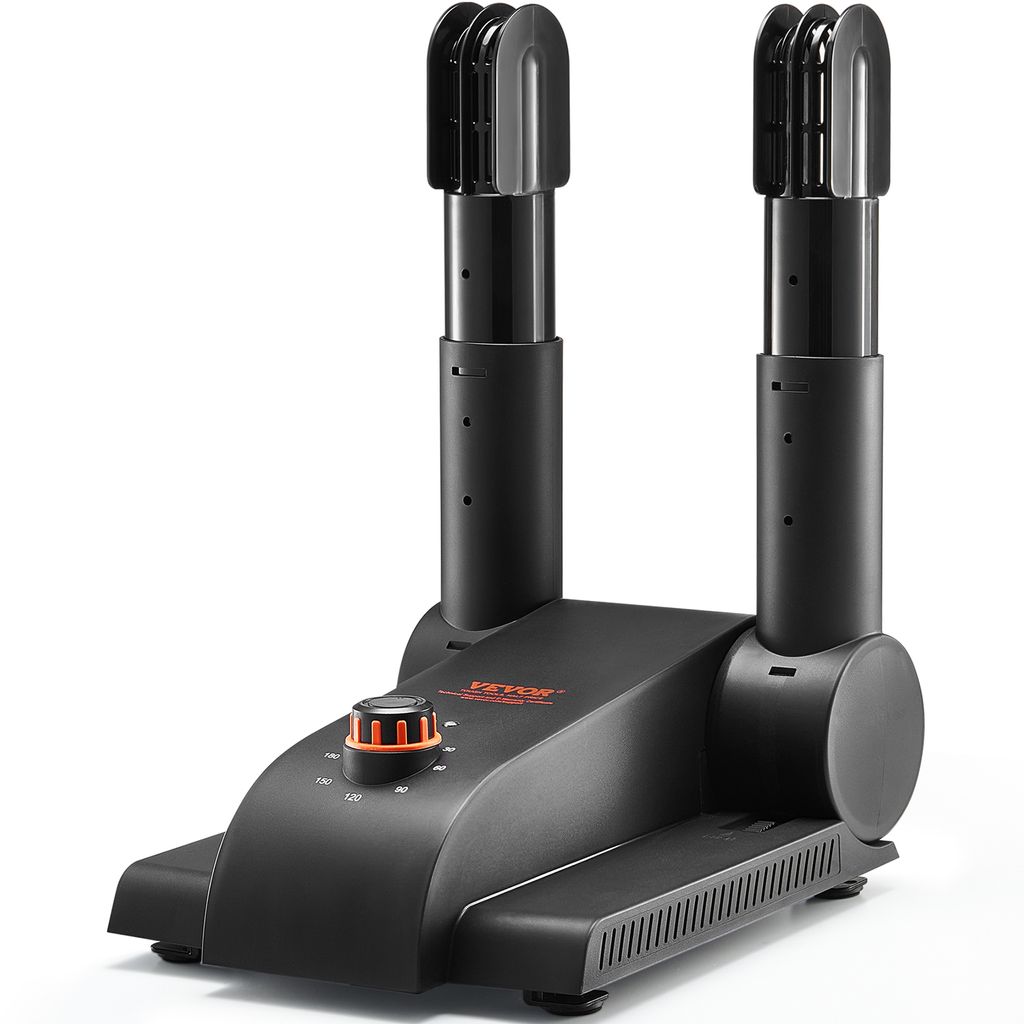 A black and orange shoe dryer with two tubes is shown against a white background.