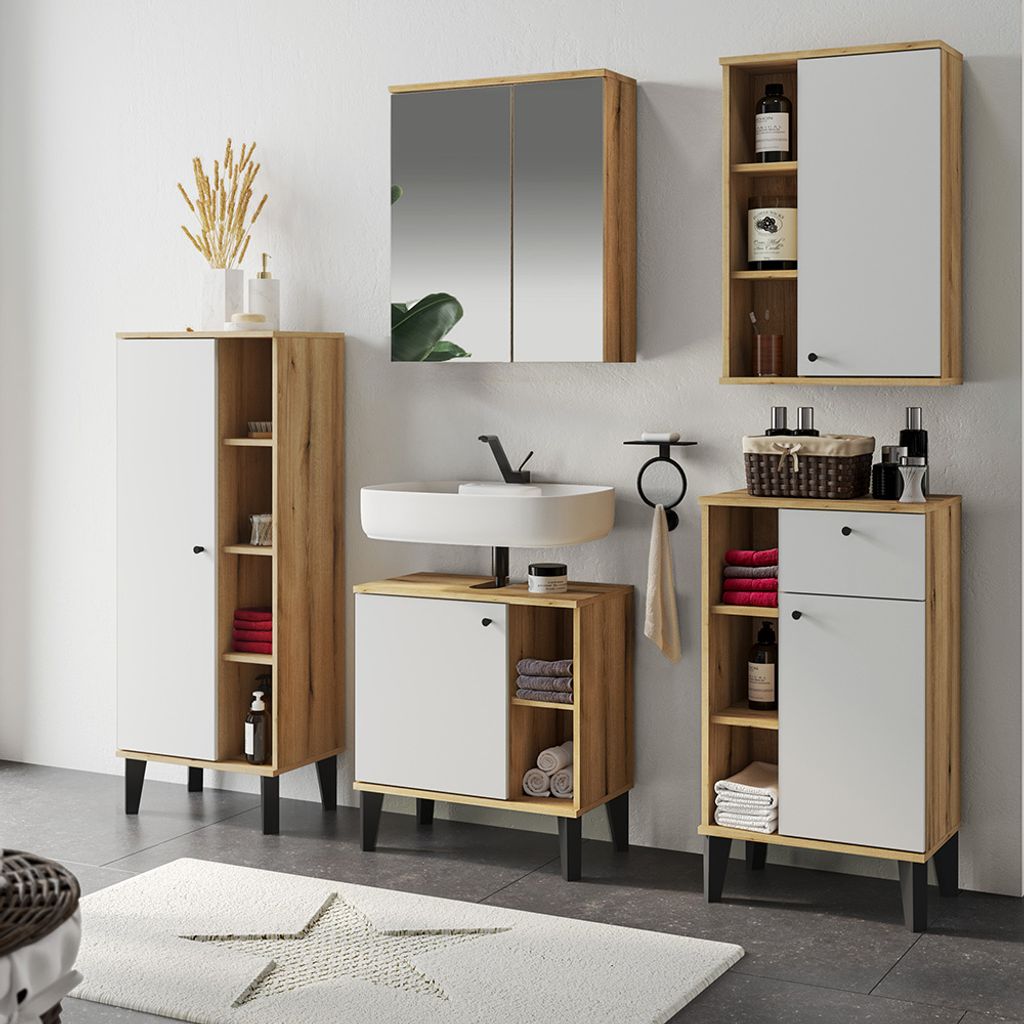 Badmöbel-Set 5-teilig mit Waschbeckenunterschrank 60 cm, Spiegelschrank, in Eiche mit weiß OLEAN-61
