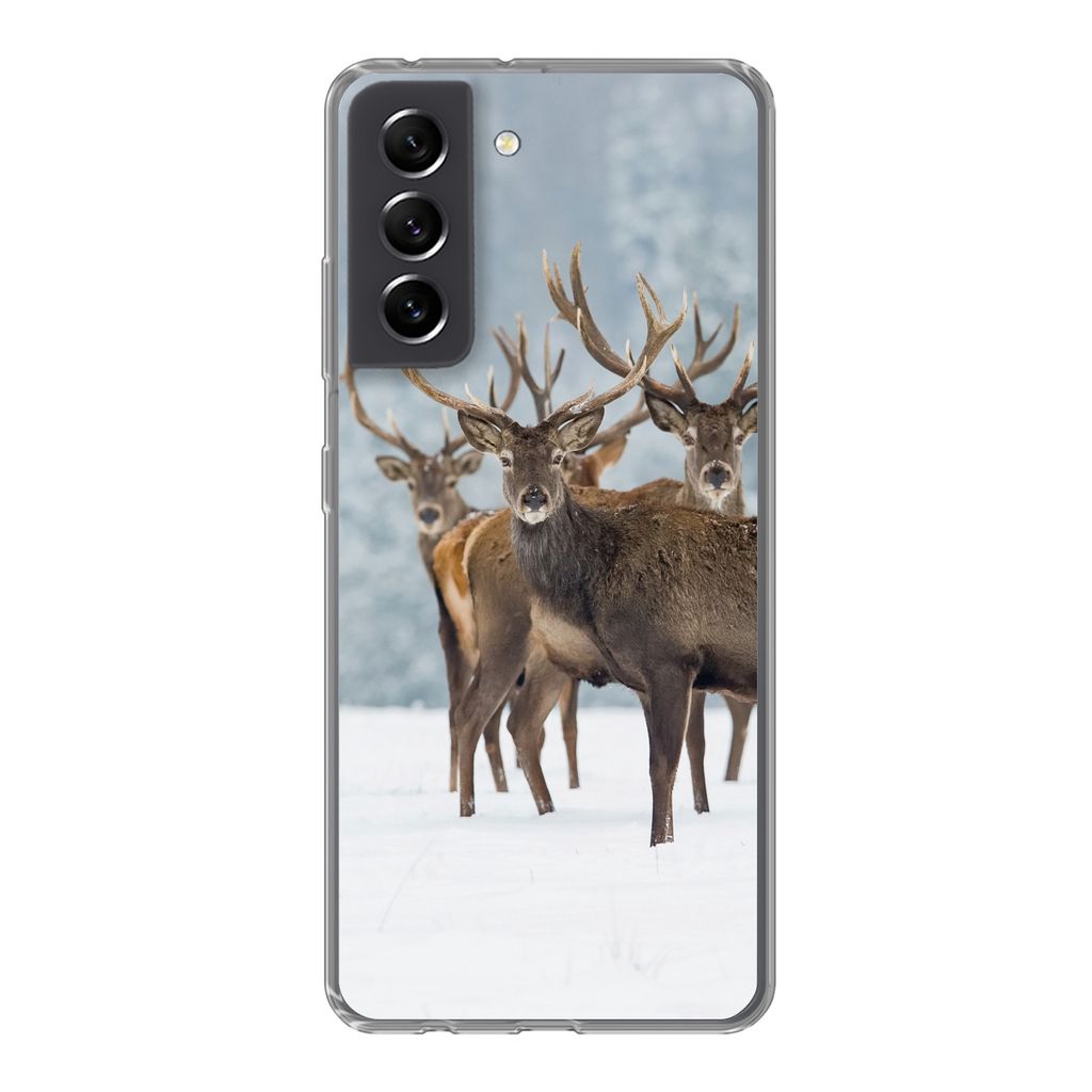 MuchoWow Handyhülle Schutzhülle Hülle für Samsung Galaxy S21 FE Hirsche - Tiere - Schnee - Winter - Landschaft - Natur Silikon Softcase Handy...