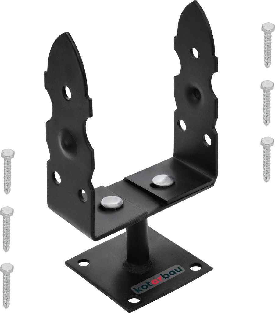 A black metal U-shaped post bracket with a square base and screws on a white background.