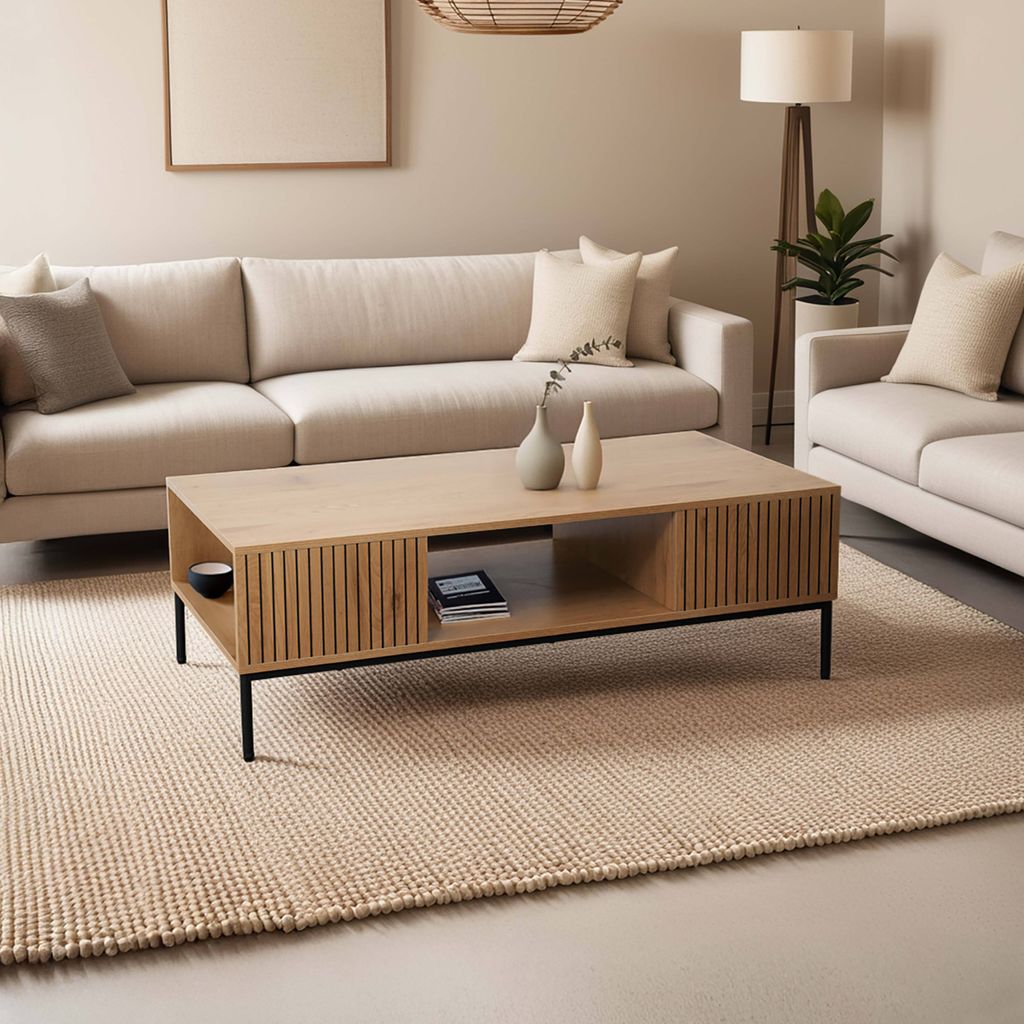 Couchtisch aus Stahl und MDF mit Melamindekor 120 cm beige - Oviala Dakota